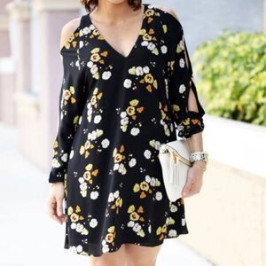 Zara Trafaluc Collection Black & Yellow Floral Cut-Out Long Sleeve Mini Dress XS